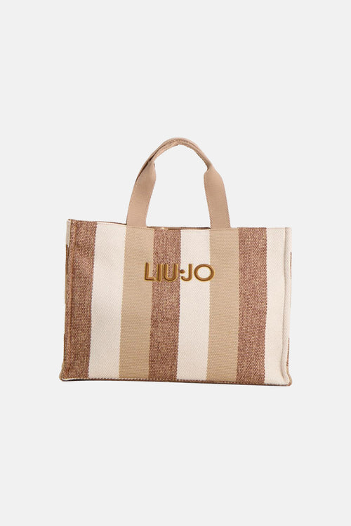 Gestreepte ecru handtas van LIU JO, met bruine en beige strepen, en het gouden merklogo.