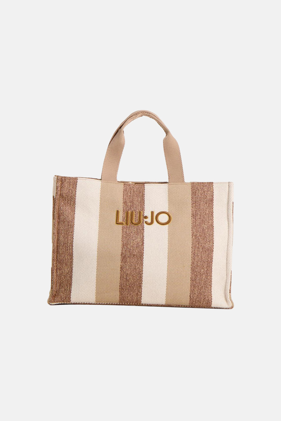 Gestreepte ecru handtas van LIU JO, met bruine en beige strepen, en het gouden merklogo.