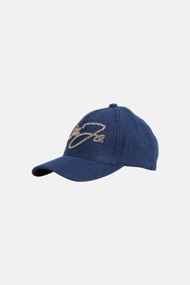 Casquette bleue de LIU JO, ornée d'un logo scintillant sur le devant, vue de côté.

