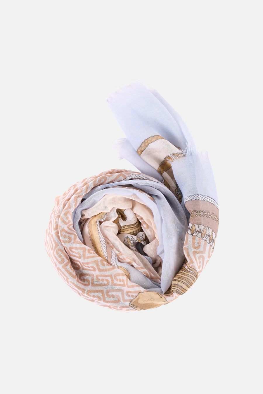Foulard multicolore de LIU JO, enroulé, avec motifs géométriques et décorations de chaînes.