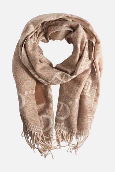 Beige sjaal met logoprint van LIU JO, met een leren label en franjes.