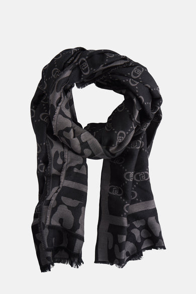 Zwarte sjaal van LIU JO, met toon-op-toon monogram- en luipaardprint, gerafelde randen.