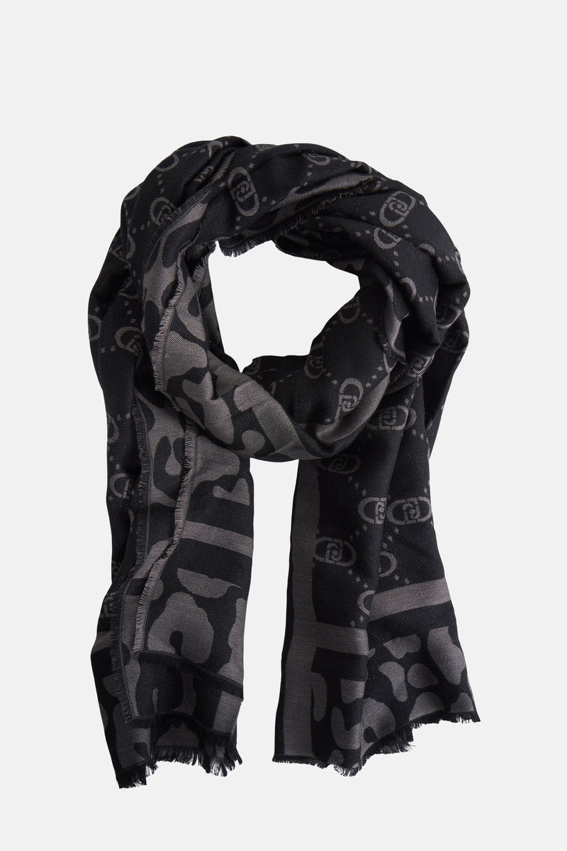Zwarte sjaal van LIU JO, met toon-op-toon monogram- en luipaardprint, gerafelde randen.