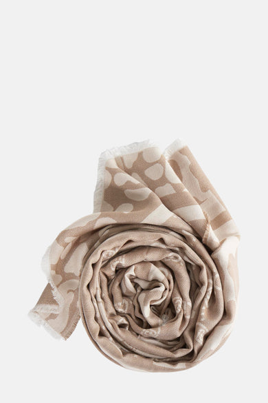 Beige sjaal van LIU JO, opgerold, met print en franjerand.