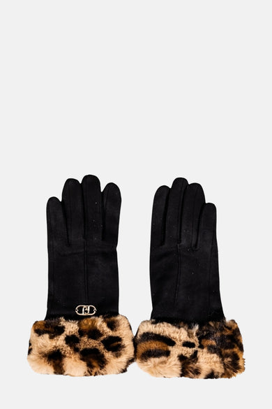 Zwarte LIU JO handschoenen met imitatiebonten manchetten met luipaardprint en metalen versiering.