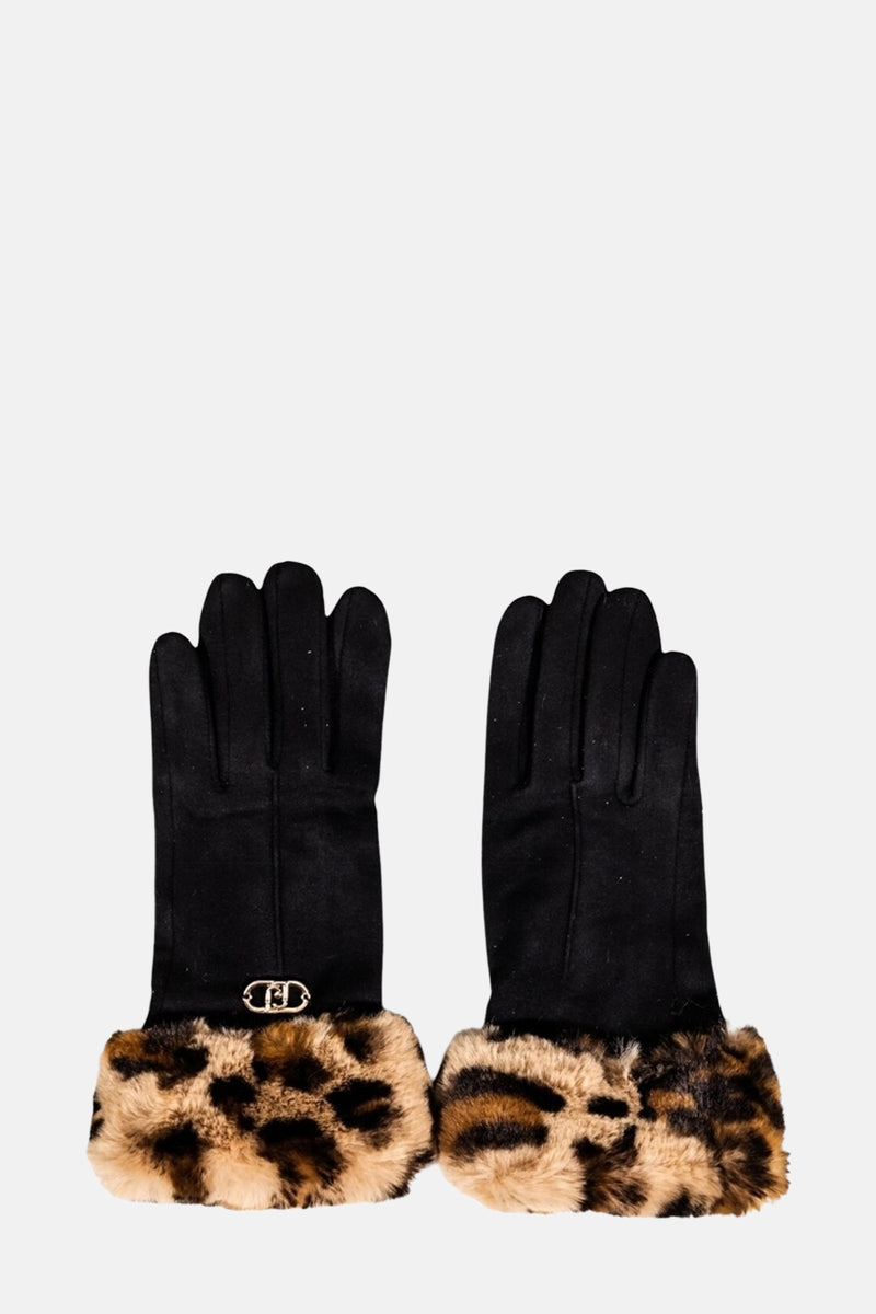 Zwarte LIU JO handschoenen met imitatiebonten manchetten met luipaardprint en metalen versiering.