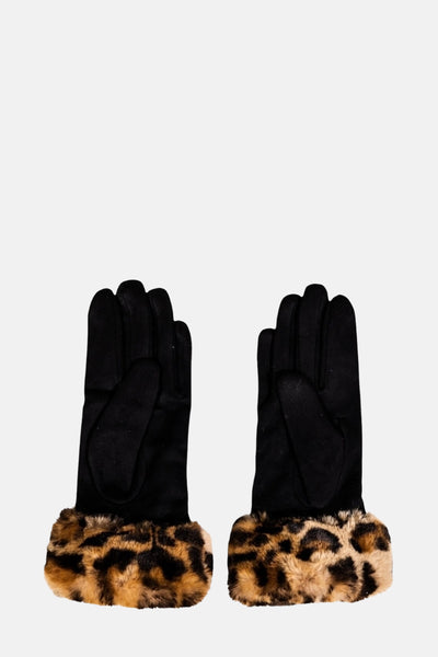Zwarte LIU JO handschoenen met getextureerde luipaardprintrand.