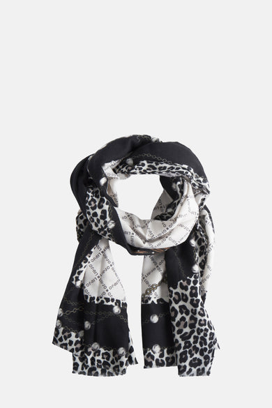 Zwarte sjaal van LIU JO met luipaardprint en kettingdetails.