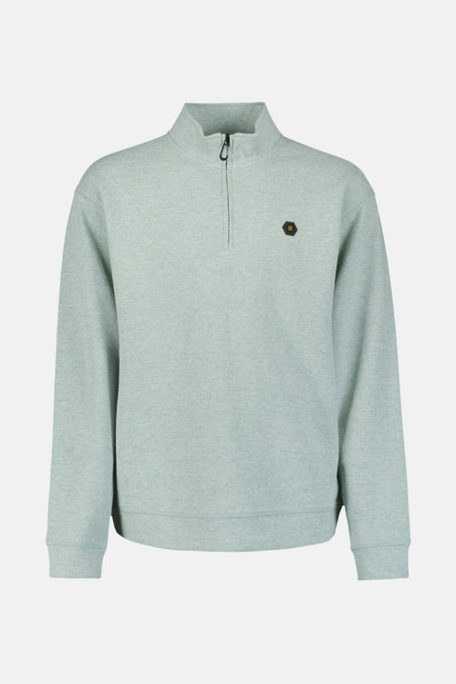 Blauwe sweater met opstaande kraag van NO EXCESS, achteraanzicht, in gemêleerde textuur.