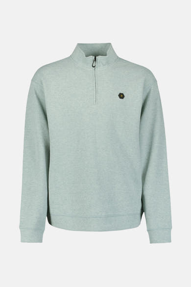 Blauwe sweater met opstaande kraag van NO EXCESS, achteraanzicht, in gemêleerde textuur.