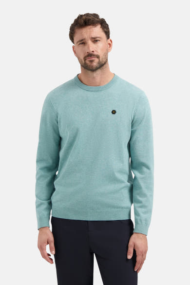 Ronde hals trui blauw van NO EXCESS, met een zeshoekige patch op de borst.