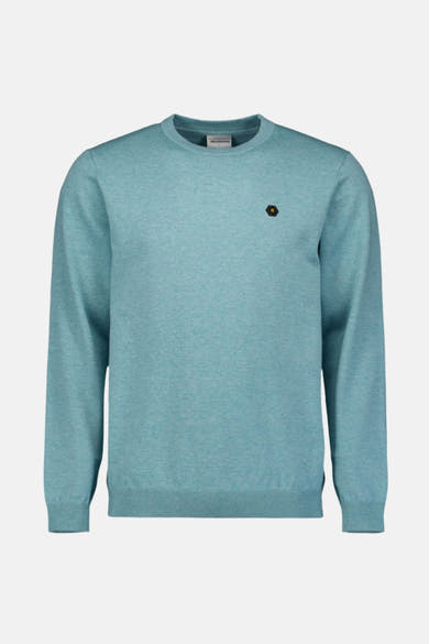 Ronde hals trui blauw van NO EXCESS, met een klein geometrisch logo op de borst.