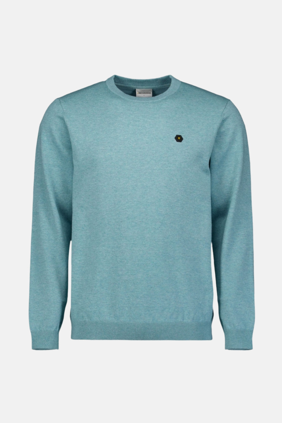 Ronde hals trui blauw van NO EXCESS, met een klein geometrisch logo op de borst.