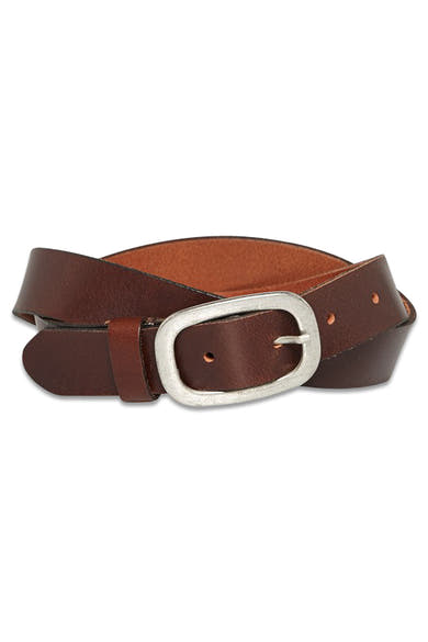Ceinture marron en cuir par Petrol, avec boucle ovale argentée vieillie et passants assortis.