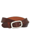 Ceinture marron en cuir par Petrol, avec boucle ovale argentée vieillie et passants assortis.