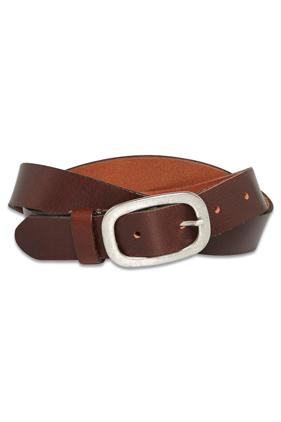 Ceinture marron de Petrol avec boucle argentée ovale et trous pour l'ajustement.