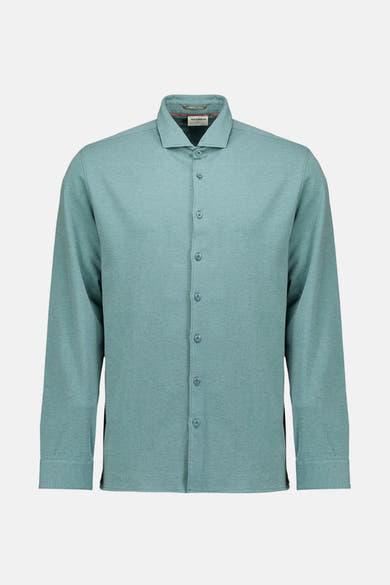 Chemise à manches longues bleue de NO EXCESS, avec fermeture boutonnée sur fond uni.