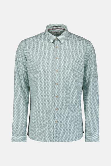 Chemise à manches longues bleue de NO EXCESS, avec un motif géométrique répété et des boutons apparents.
