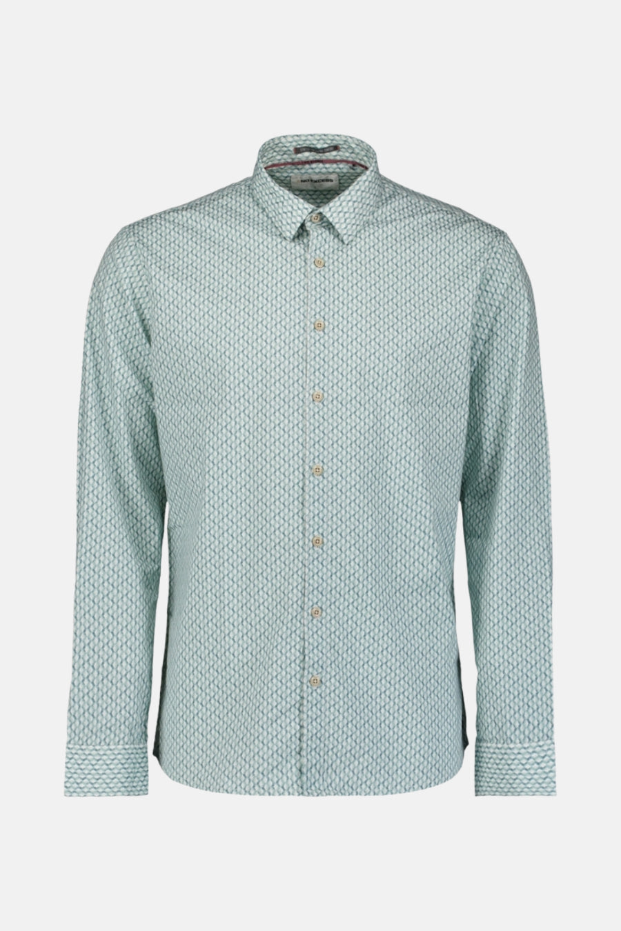 Chemise à manches longues bleue de NO EXCESS, avec un motif géométrique répété et des boutons apparents.
