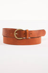Ceinture marron en cuir de Legend, avec boucle dorée ovale et passants assortis, sur fond blanc.