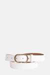 Witte leren riem van Legend, met gouden gesp en perforaties.