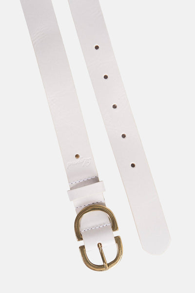 Ceinture blanche en cuir de Legend, avec boucle dorée et perforations.
