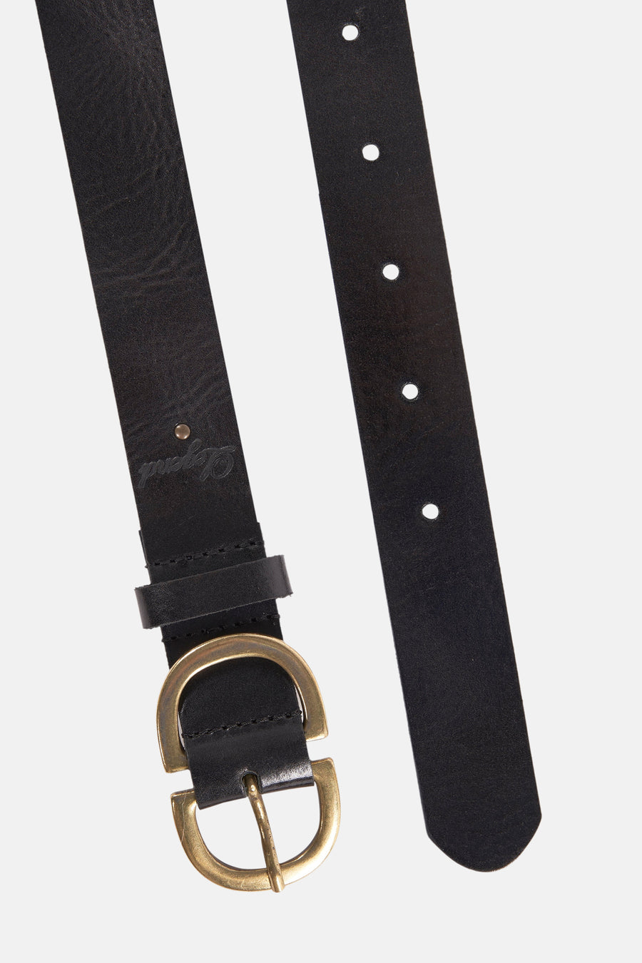 Ceinture noire en cuir de Legend avec une boucle dorée vieillie et des trous perforés.