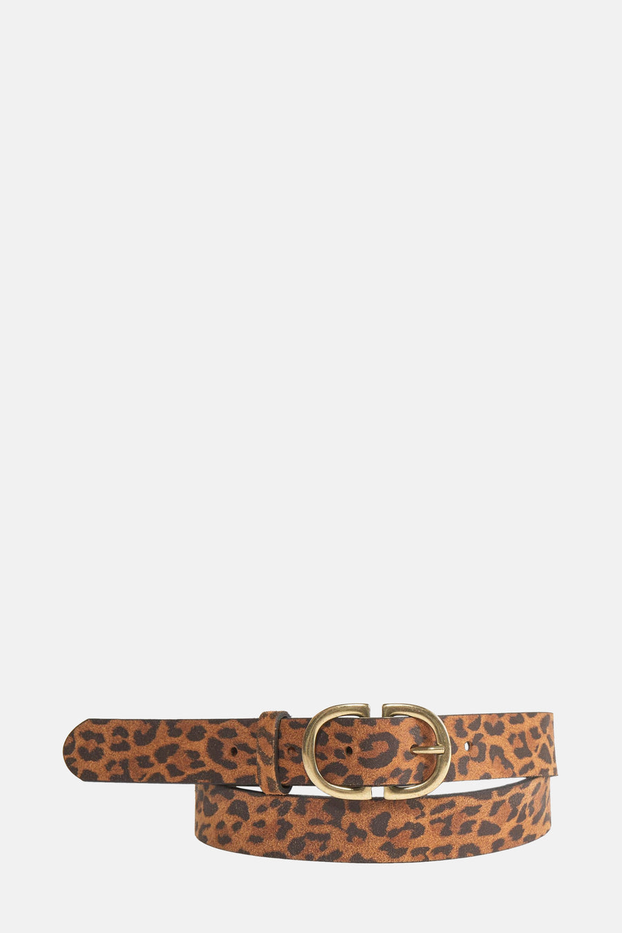 Bruine leren riem met luipaardprint, van Legend, met een verouderde gouden gesp, close-up.