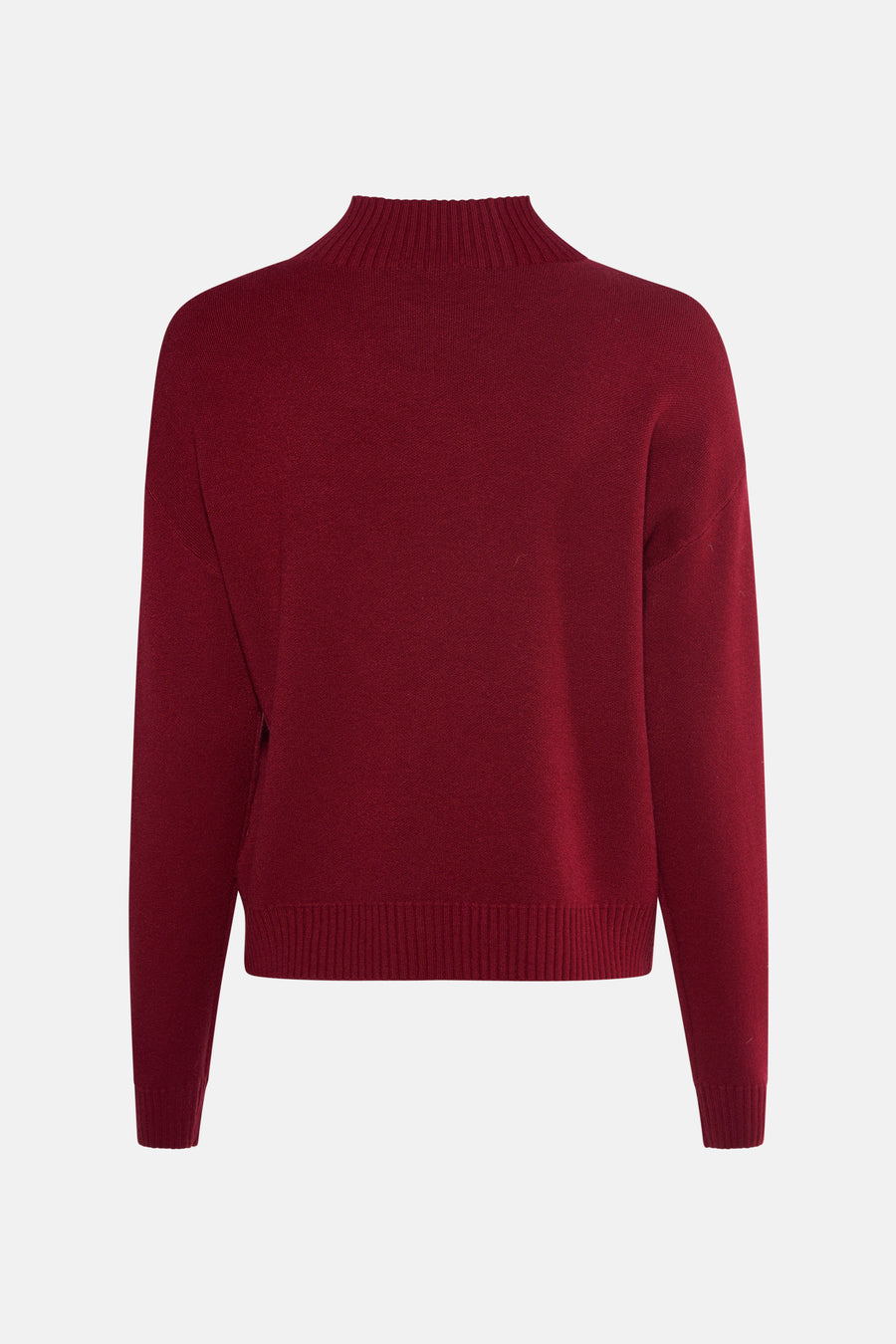 Pull à col roulé bordeaux de Terra di Siena, en maille côtelée, vue arrière.
