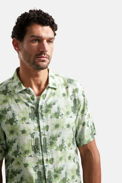 Groen overhemd met korte mouwen van NO EXCESS, met bloemenprint en een relaxte pasvorm.