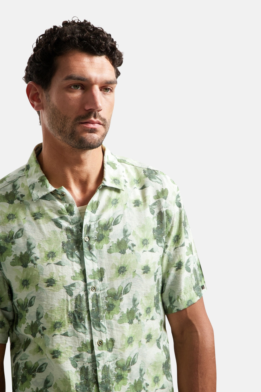 Groen overhemd met korte mouwen van NO EXCESS, met bloemenprint en een relaxte pasvorm.