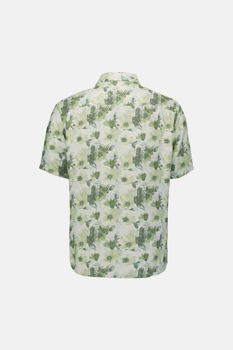 Groen overhemd met korte mouwen van NO EXCESS, groen en wit bloemenpatroon, achterkant.