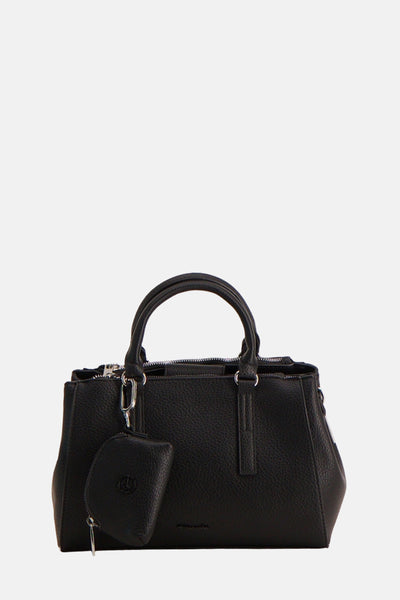 Sac à bandoulière noir de Tamaris avec une petite bourse ronde et des fermetures éclair argentées.