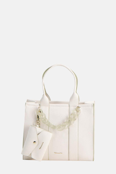 Sac à bandoulière blanc de TAMARIS, avec une chaîne décorative en plastique et un petit porte-monnaie assorti.