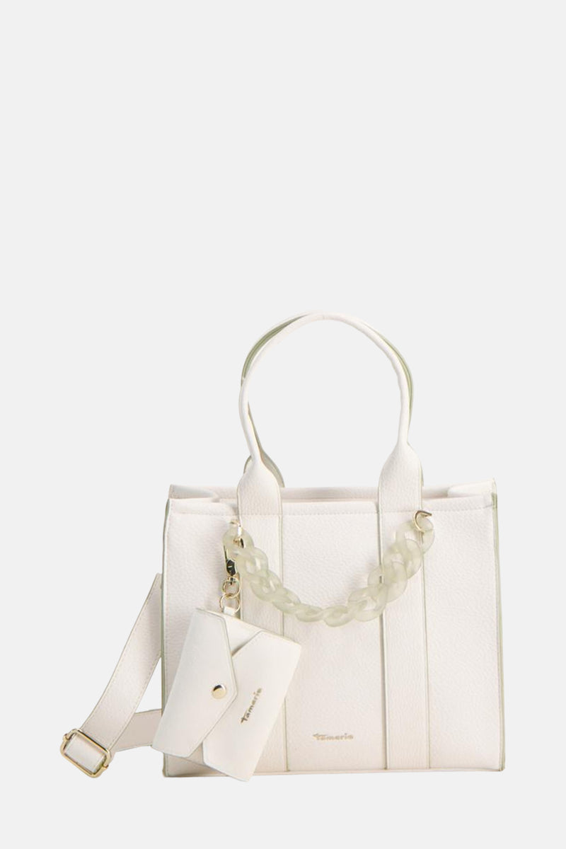 Sac à bandoulière blanc de TAMARIS avec anse en chaîne décorative et porte-monnaie assorti.