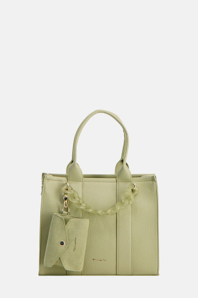Sac à bandoulière vert de TAMARIS avec porte-clés décoratif et détails de chaîne en plastique.