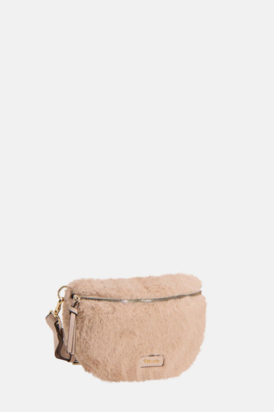 Beige schoudertas van imitatiebont van Tamaris met een gouden ritssluiting en een schouderriem.