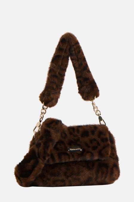 Sac à bandoulière en fausse fourrure marron de Tamaris, avec motif léopard et bandoulière en chaîne dorée.