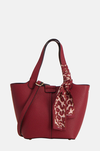 Rode schoudertas van leer van TAMARIS met schouderriem, decoratieve sjaal met dierenprint.