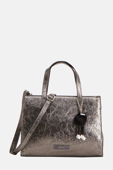 Sac à main gris métallique de TAMARIS, avec une bandoulière et un porte-clés décoratif.