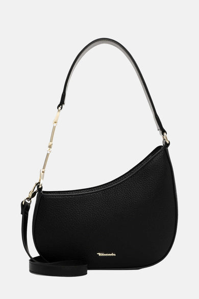 Sac à bandoulière noir de Tamaris avec une bandoulière dorée et une texture grainée.
