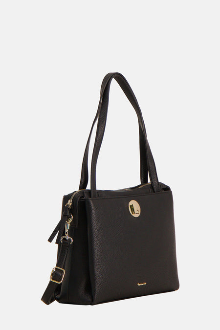 Sac à main noir en similicuir de Tamaris avec fermeture éclair et logo doré.