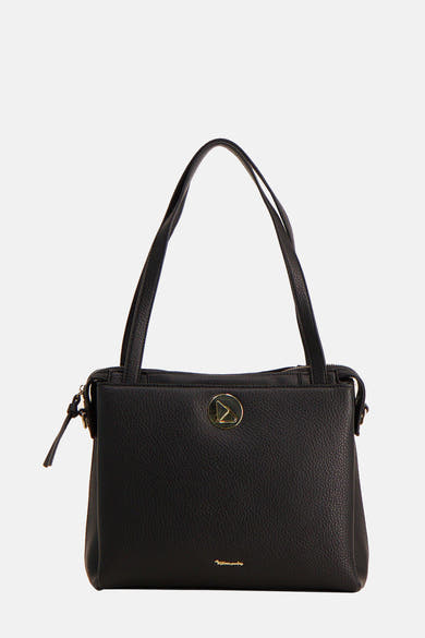 Sac à main noir en similicuir de Tamaris, avec fermetures éclair et logo doré.