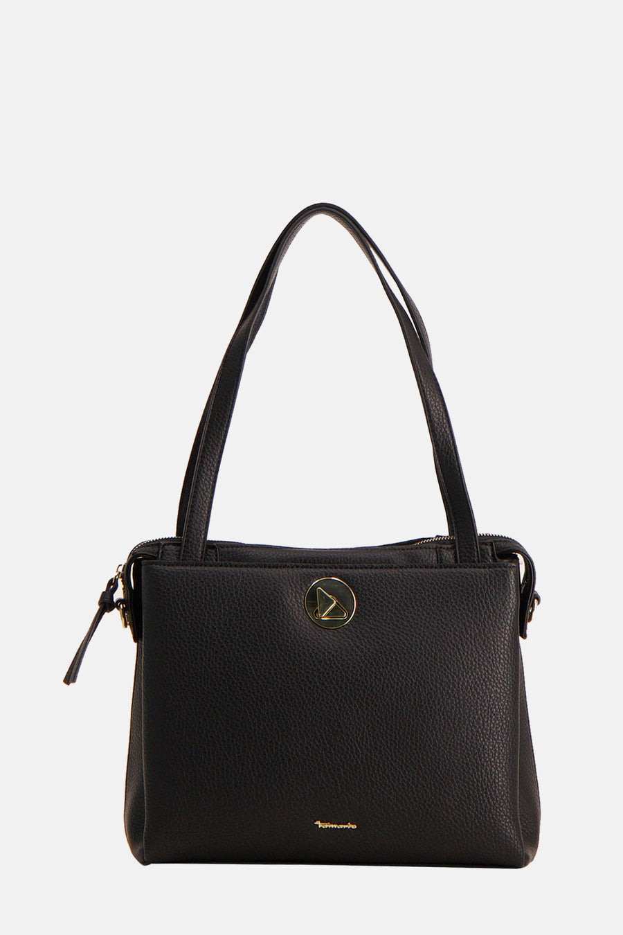 Sac à main noir en similicuir de Tamaris, avec fermetures éclair et logo doré.