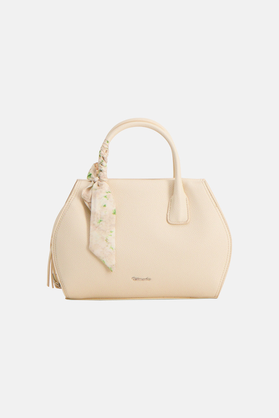 Sac à main jaune de TAMARIS, avec un foulard à motif floral noué à la anse.
