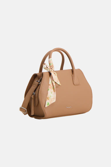 Sac à main marron de TAMARIS, agrémenté d'un foulard à motifs floraux noué à la anse, avec bandoulière.