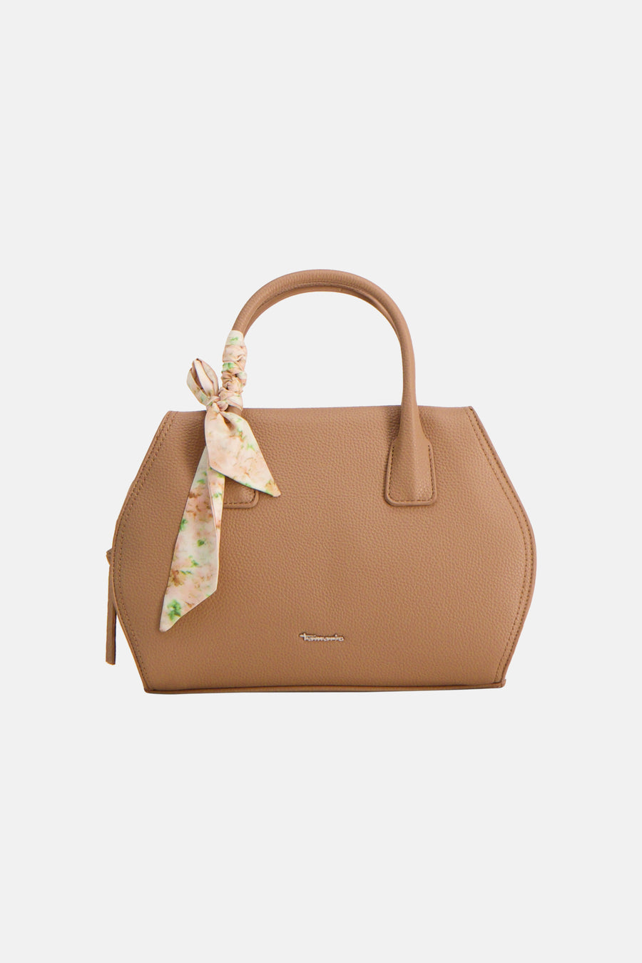 Sac à main marron de Tamaris avec un foulard noué à la poignée et fermeture éclair visible.
