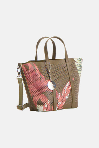 Sac à main kaki de TAMARIS avec détails perforés, motif floral rose et vert et bandoulière amovible.