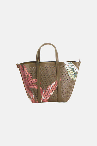 Sac à main kaki de TAMARIS perforé avec des motifs floraux rose et verts.