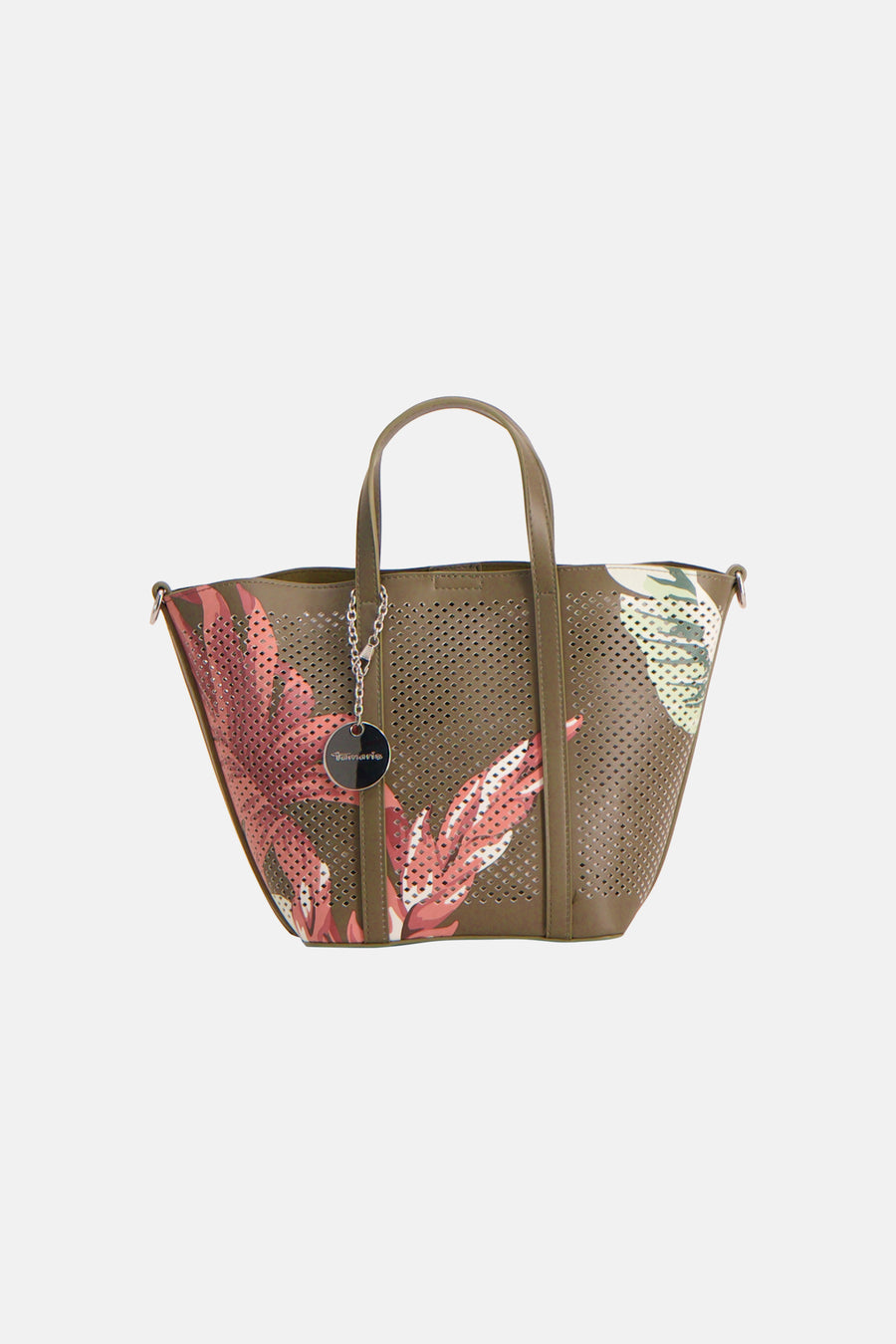 Sac à main kaki de TAMARIS, perforé avec motif de feuilles roses et vertes.